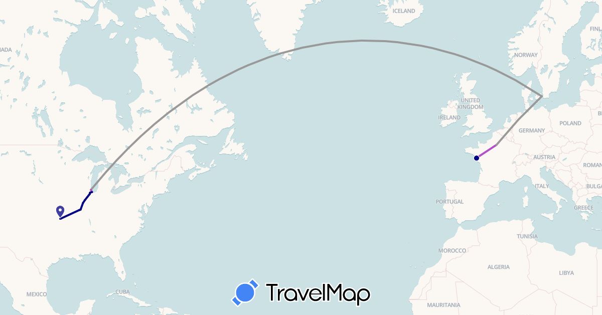 TravelMap itinerary: driving, plane, train in Denmark, France, United States (Europe, North America)